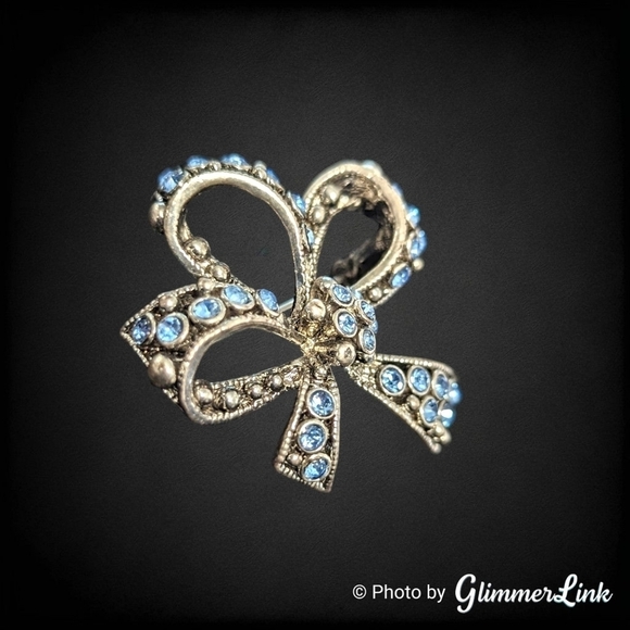 Triple Loop Bow Ribbon Blue Rhinestone Silver Tone Brooch - Picture 3 of 5
